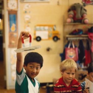 CK showing off magnet science in kindergarten